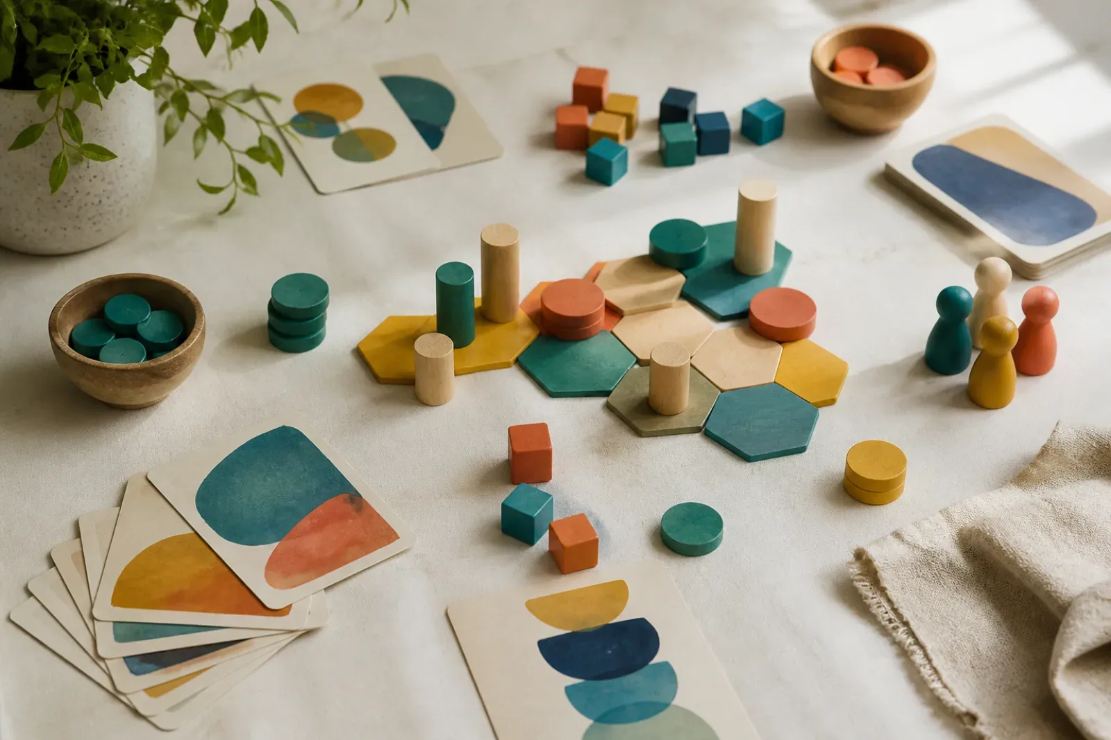 Színes geometrikus játékelemek és jelöletlen kártyák világos asztalon